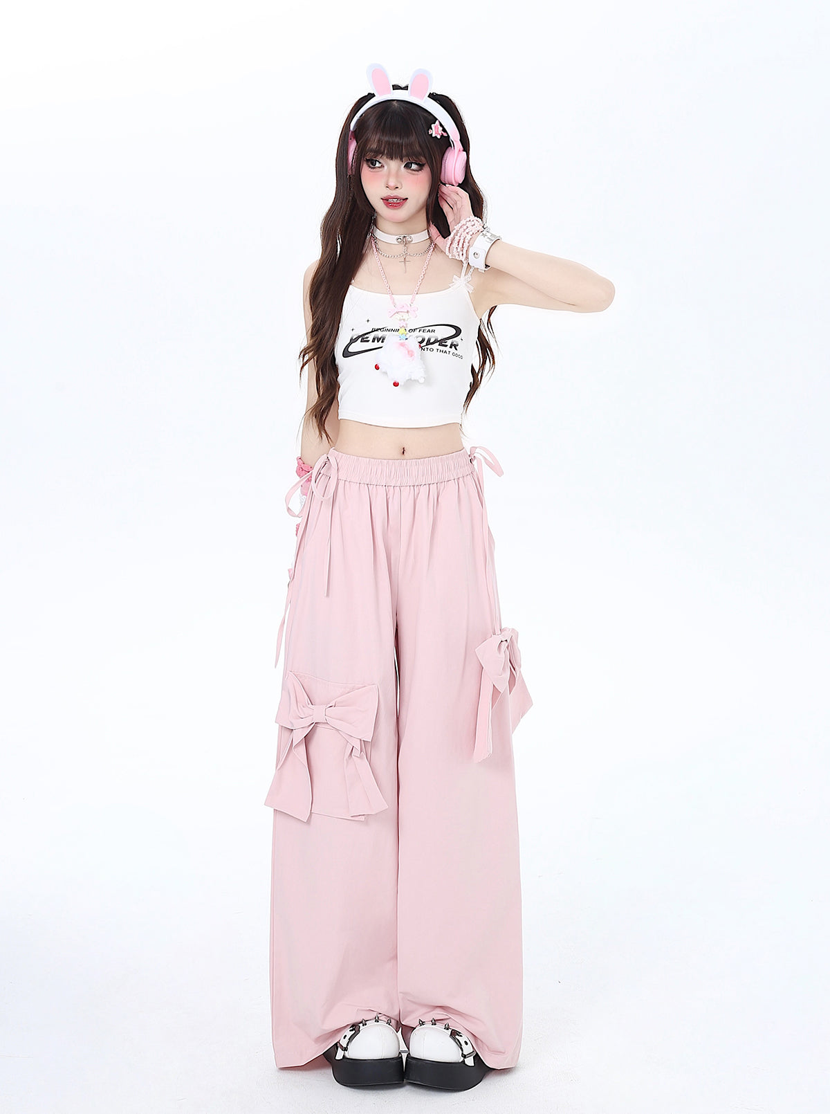 Girly Pink Ribbon Dopamine Pants Wide