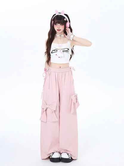 Girly Pink Ribbon Dopamine Pants Wide