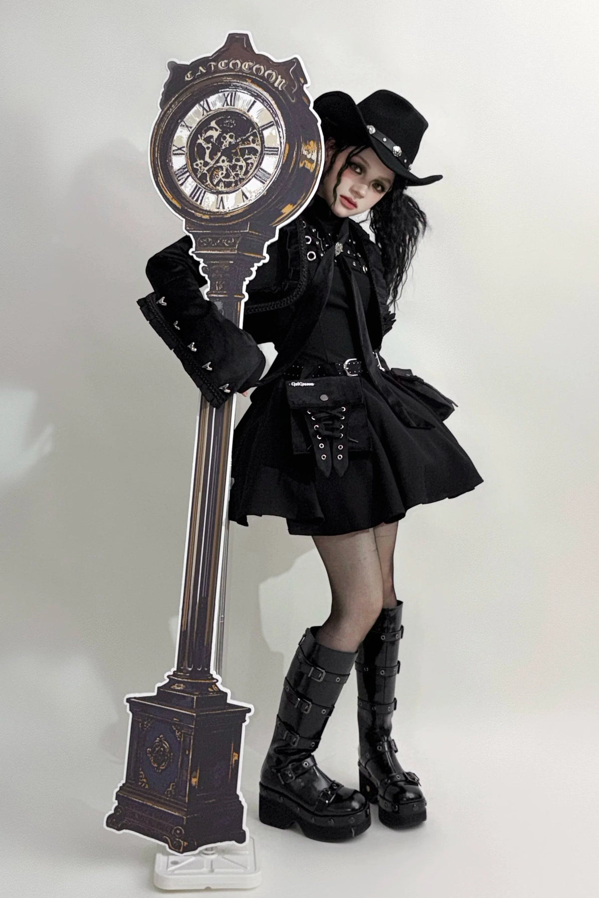 Steampunk Brown x Gothic Black Mode Buckle High Collar Puff Sleeve Doll Dress