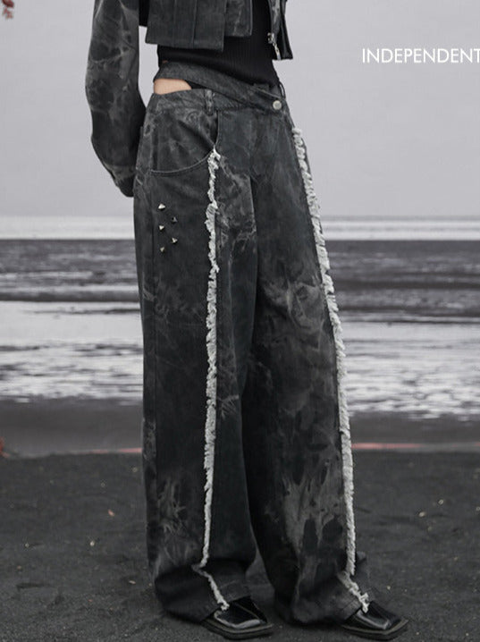 ダークデザインデニム ルーズフリンジ ワイドカットアウトウエスト