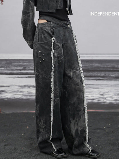 ダークデザインデニム ルーズフリンジ ワイドカットアウトウエスト