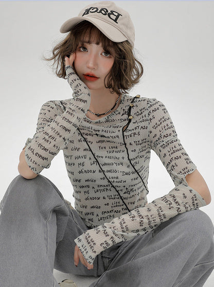 Ärmel Split Kurz Print Slim Top Buchstabe