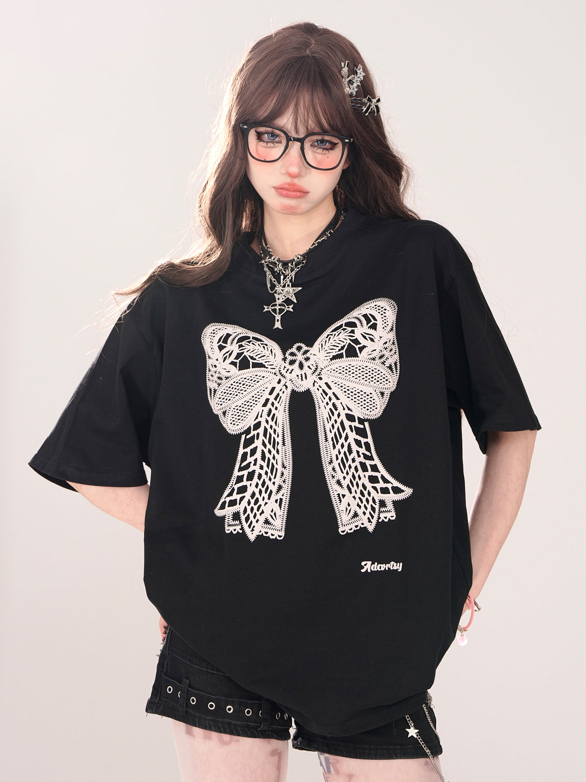 Lace Black Ribbon Loose T-Shirt