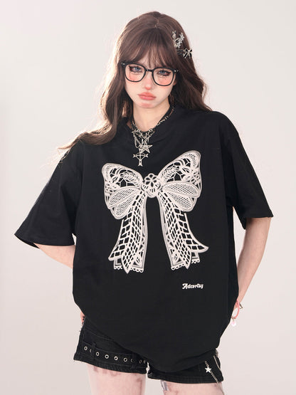 Lace Black Ribbon Loose T-Shirt