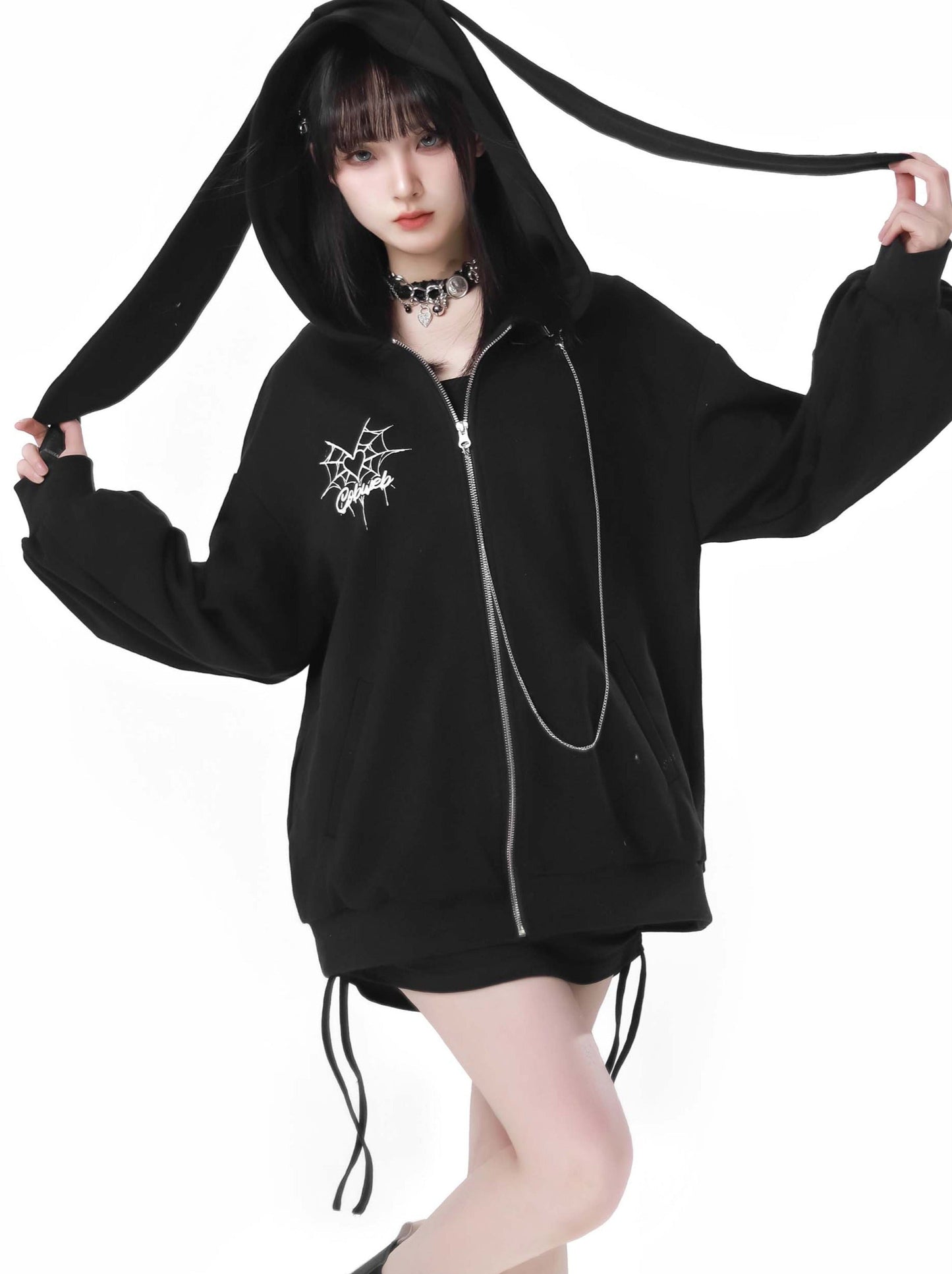 Spider Chain Slim Strap Hoodie Web Rabbit Ear
