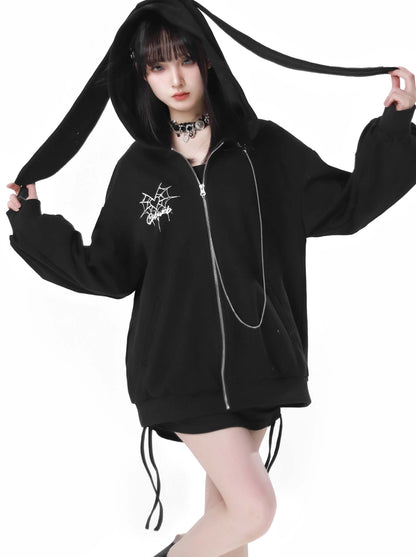 Spider Chain Slim Strap Hoodie Web Rabbit Ear