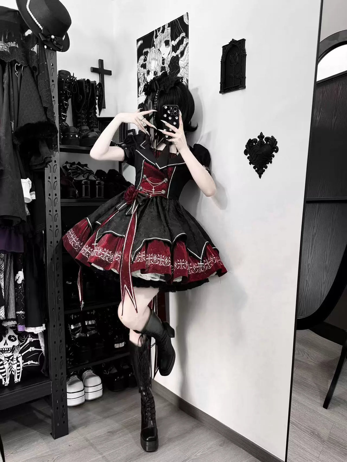 Black and red Gothic Lolita dress set without detachable sleeves