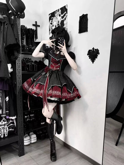 Black and red Gothic Lolita dress set without detachable sleeves