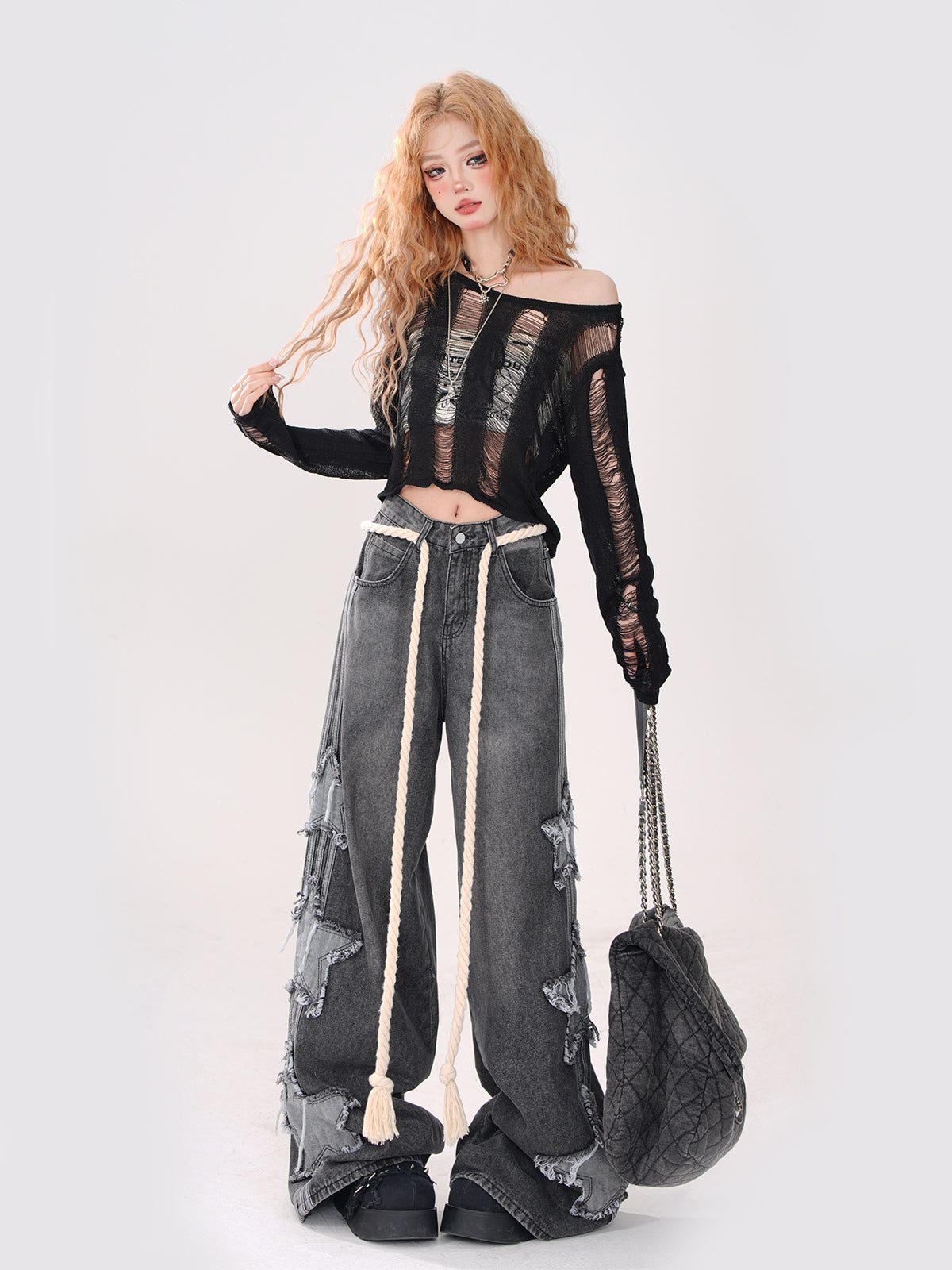 Kurzes Top zerrissen + gestrickt Off-Shoulder Schnürtop Rückenschlauch