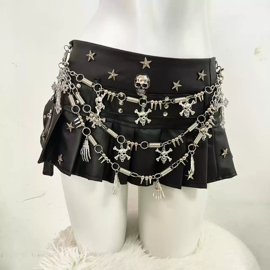 Gothic Punk Y2K PU Leather Pleated Skirt Skeleton Chain Short Skirt