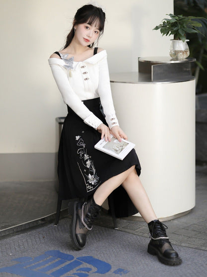 Top Schnalle Taille Asymmetrische Rock + Große Schleife Off-Shoulder China Hohe