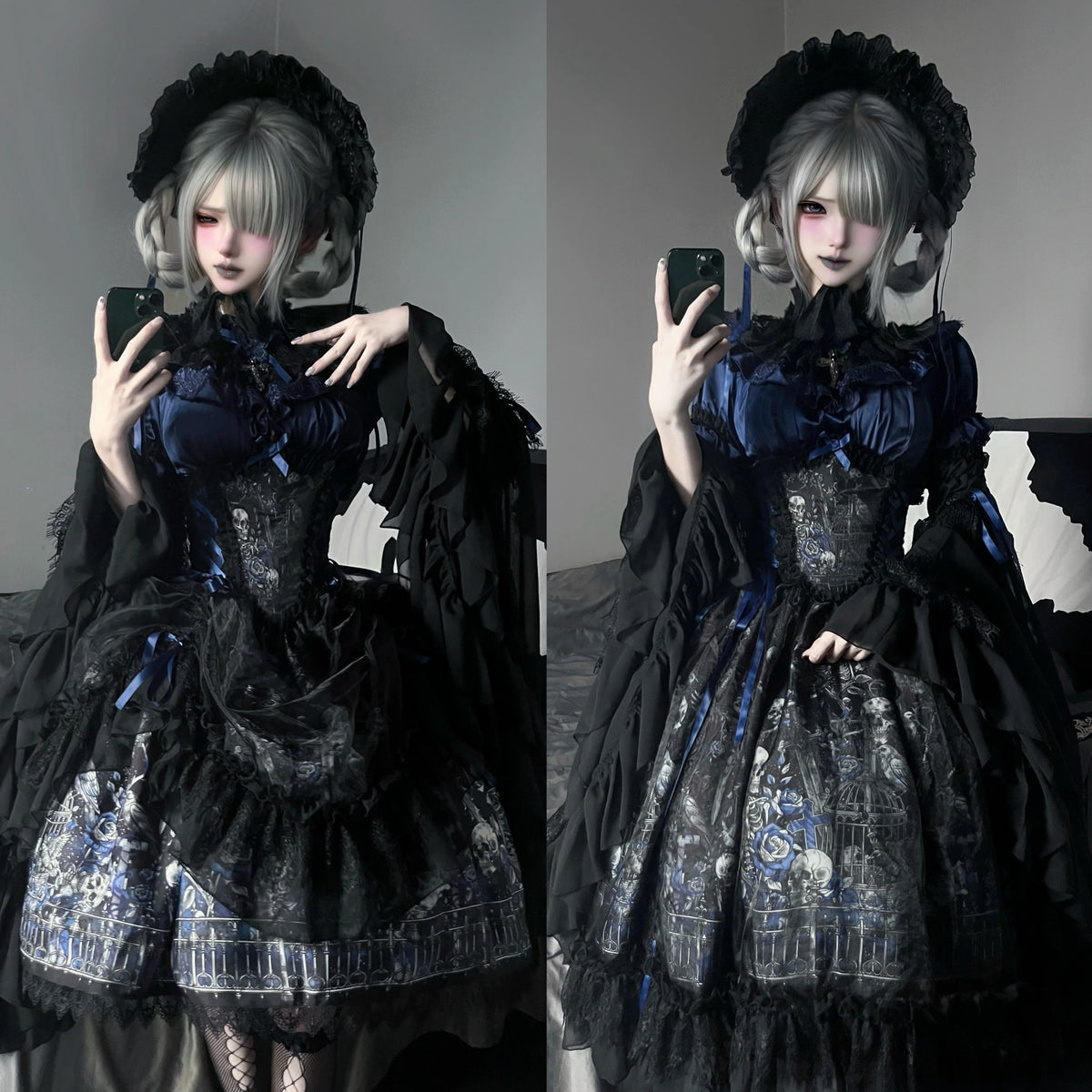 Caged Remains Gothic Lolita coordinate with dark printed skirt and ruffled blouse, mirror views