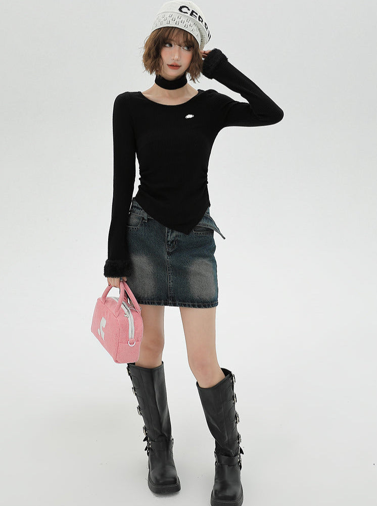 Slim Neck Fur T Collar Mode Long Sleeve