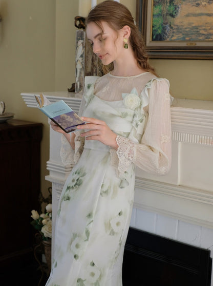 スカートトップ グリーン キャミソール フラワー シアー + シフォン