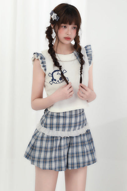 Minirock + Totenkopf-Kariertes Katzenoberteil ärmellos