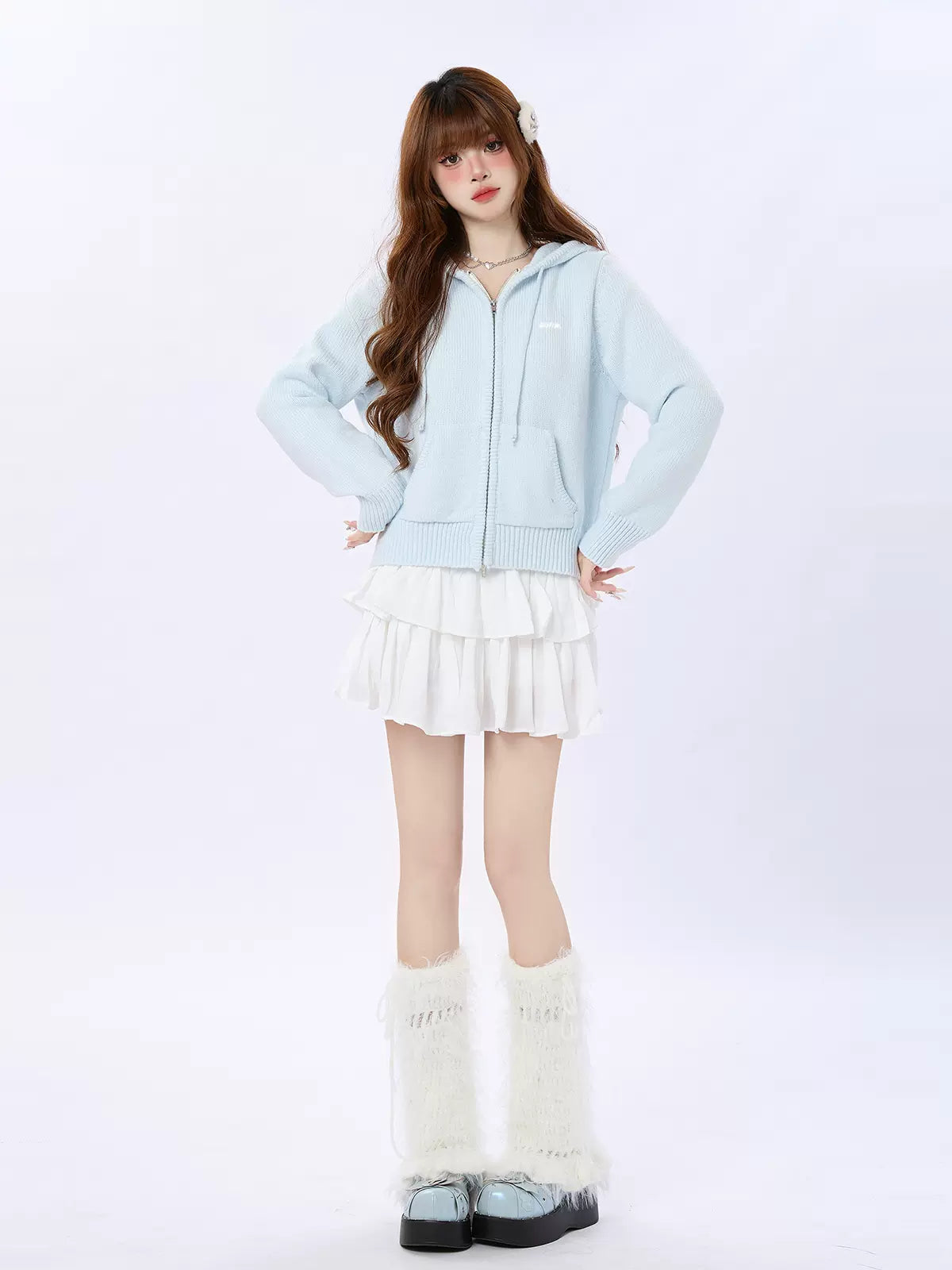 クリームニットフーディーブルーカーディガン