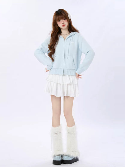 クリームニットフーディーブルーカーディガン