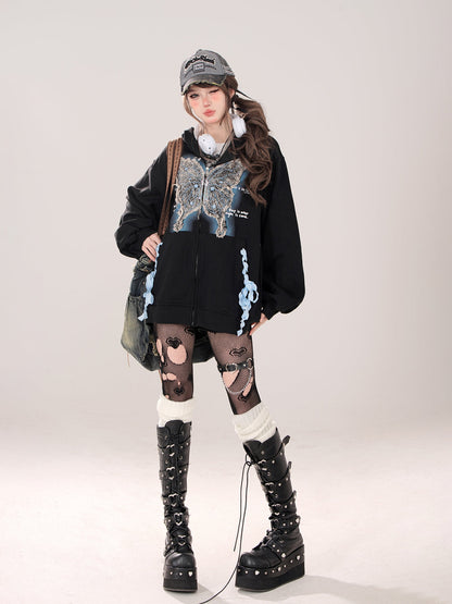 Sweatshirt Zip Butterfly Street Loose Hoodie American Jacket