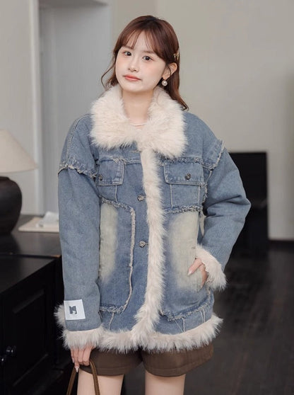 キルティングラペルブルーデニムジャケット