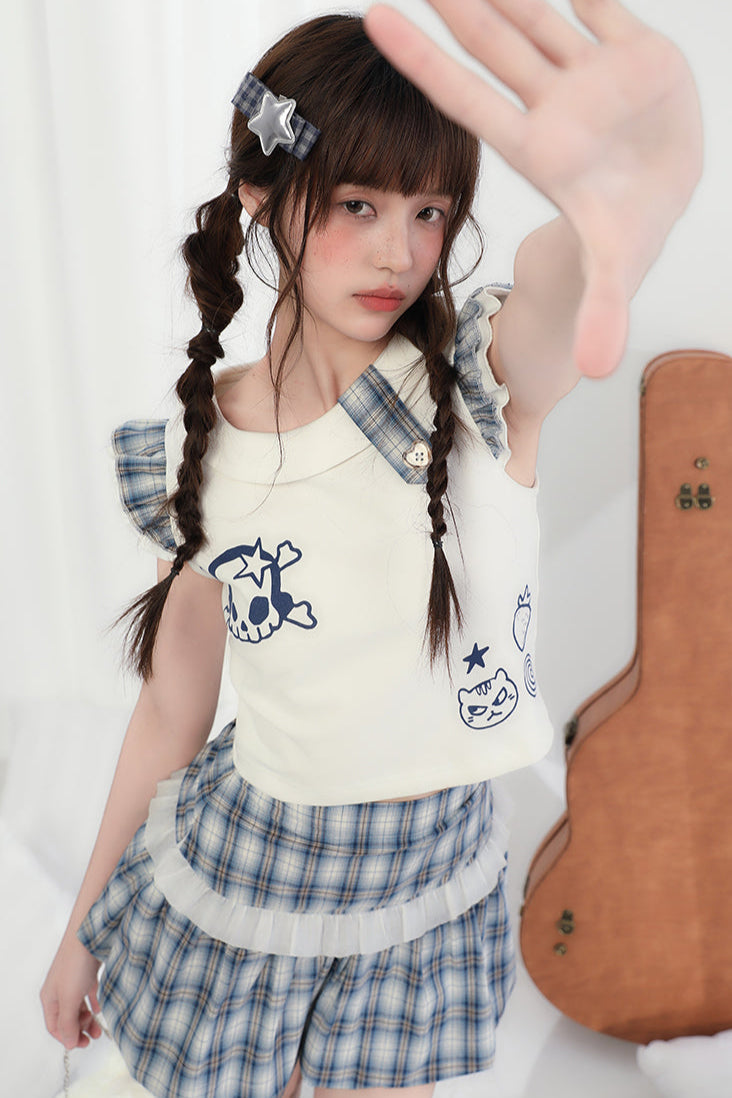 Karierter + ärmelloser Minirock Cat Top Skull
