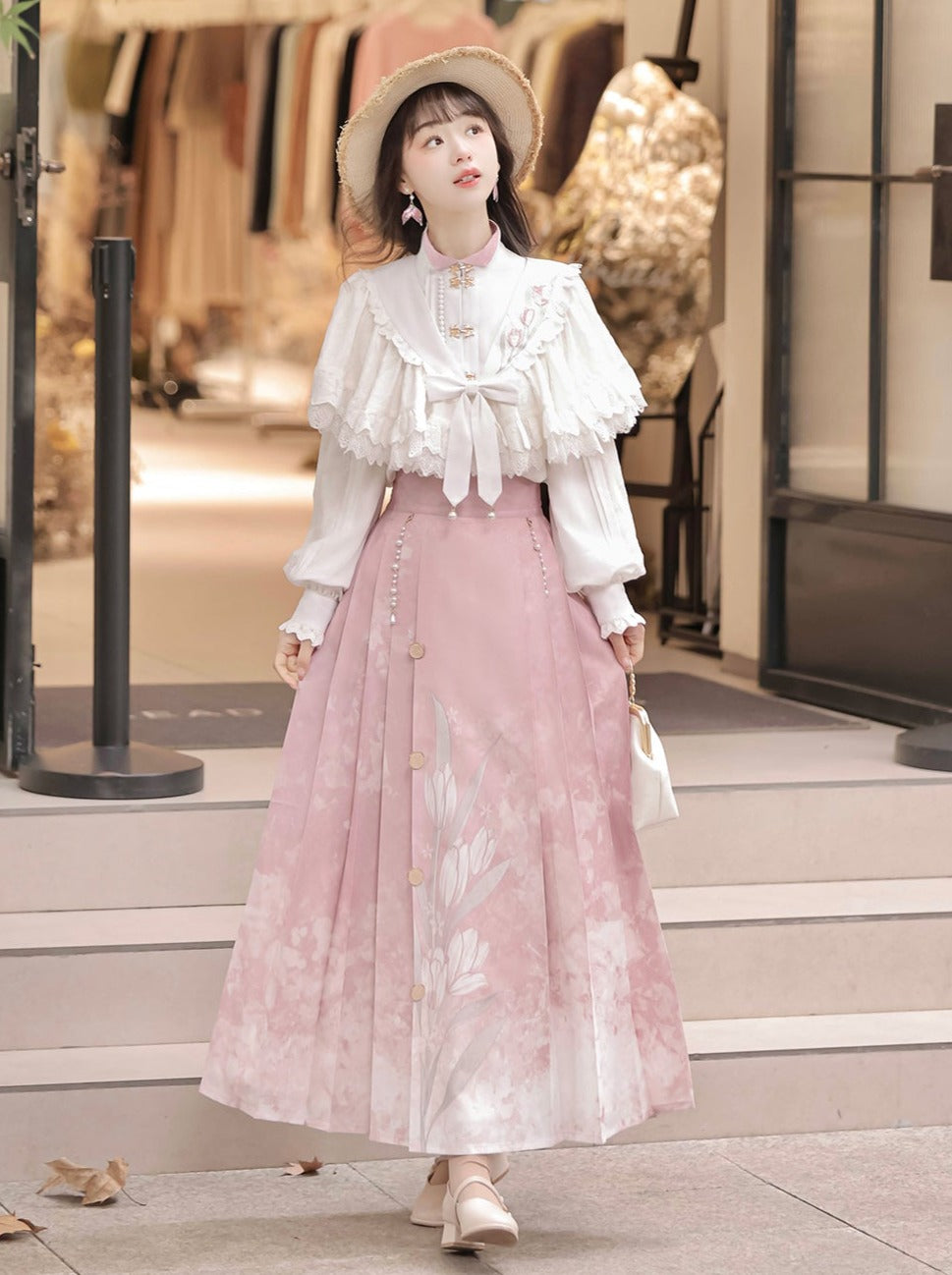 Bluse Plissee Schal Band Rock China + Süße Spitze Blumen