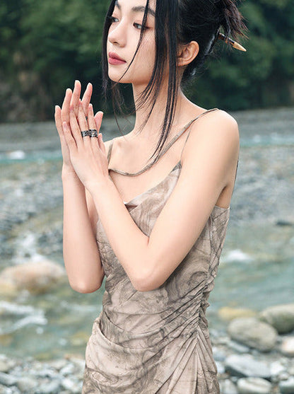 Print Suspender Draped Dress Retro Dark