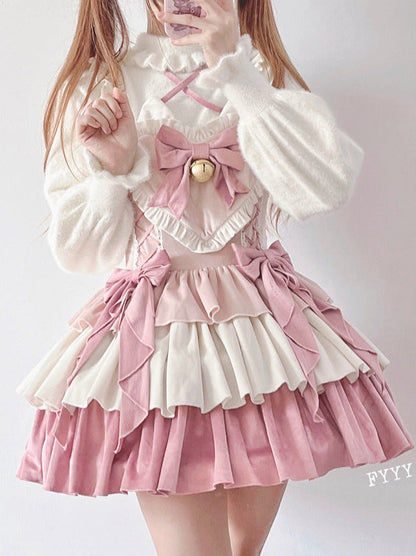 サスペンダードレスセット 耳付きベルベットテールヘアバンド フリル ふわふわ猫ハート