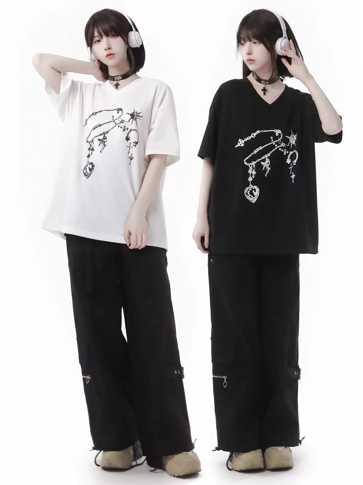 Black T-Shirt V-Neck Print White Gemstone