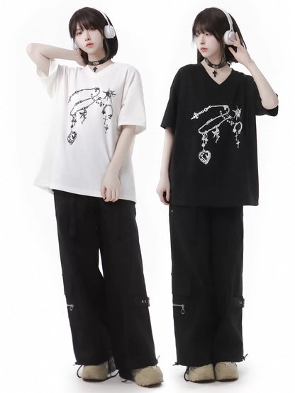 Black T-Shirt V-Neck Print White Gemstone