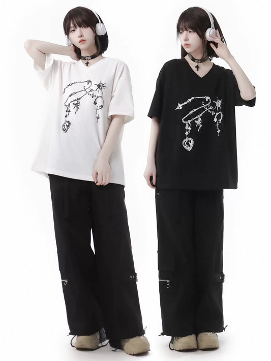 Black T-Shirt V-Neck Print White Gemstone