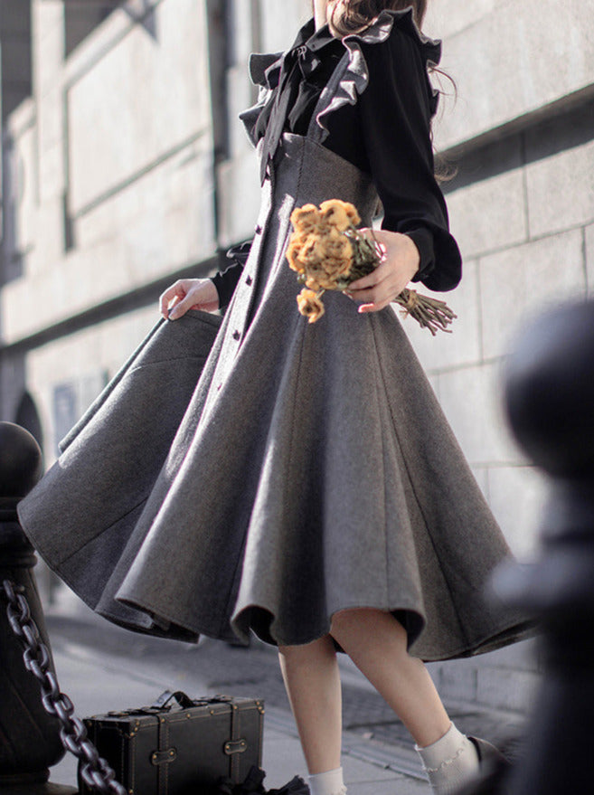Sleeve Skirt Shoulder + Retro Suspender Black Ruffle Shirt Ribbon Elegant Volume