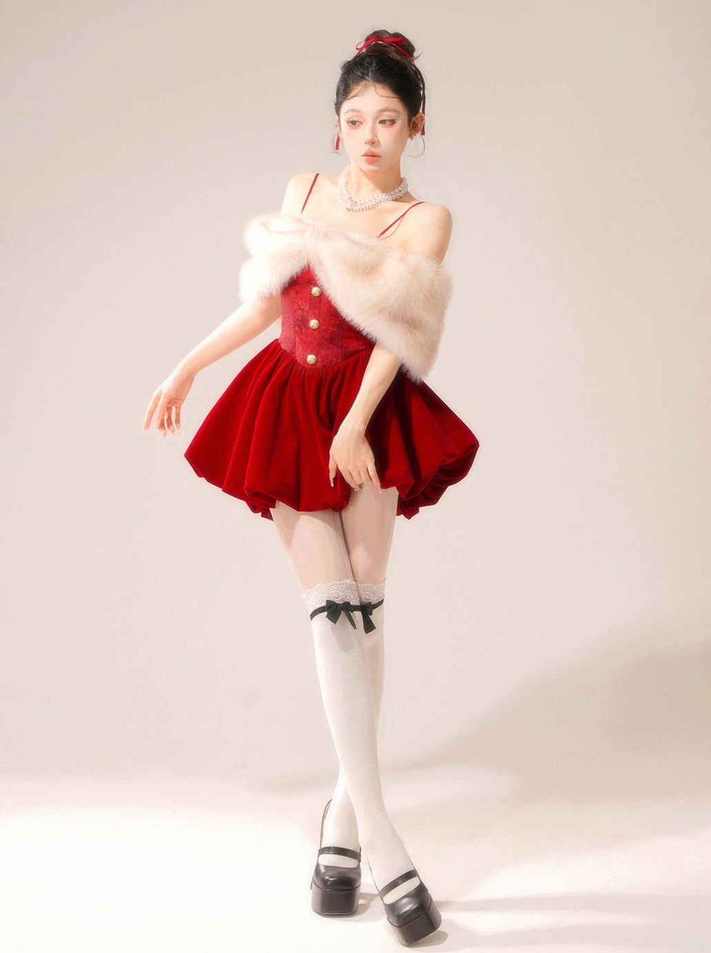 Camisole Balloon Princess Fur Off-the-shoulder Dress