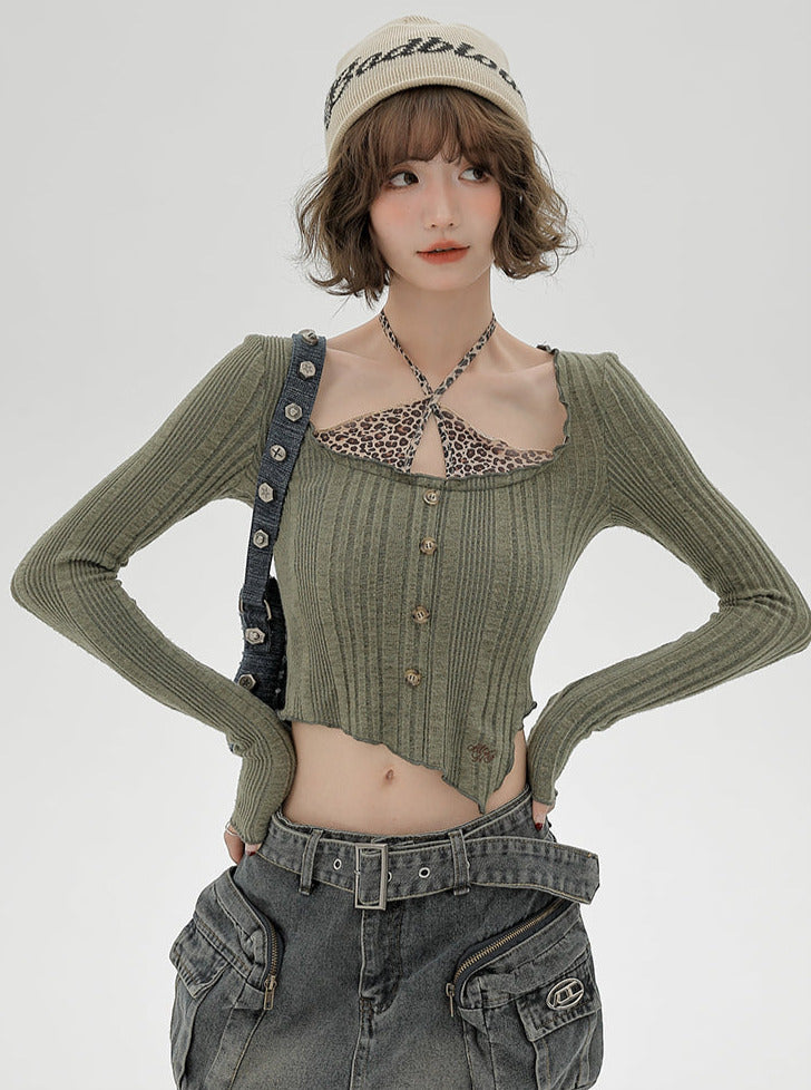 Piece Top Leopard Kontrast Kurz Schlank Zweifarbig Hals Faux Neckholder