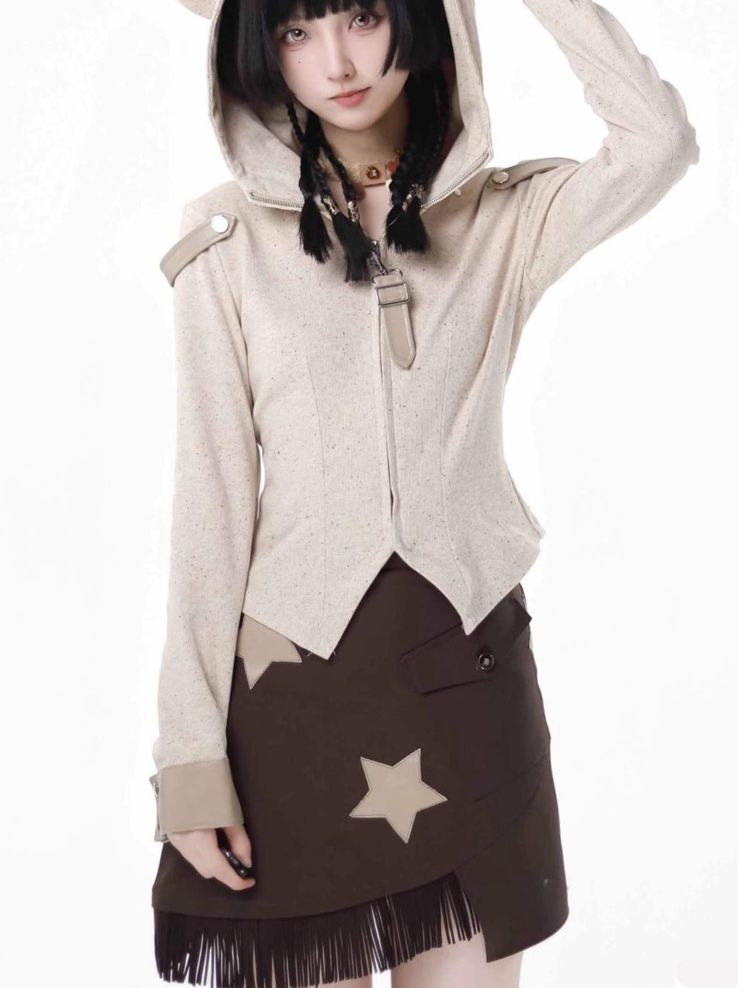 デザインスプリットワンダーベアニットトップショールメイラード