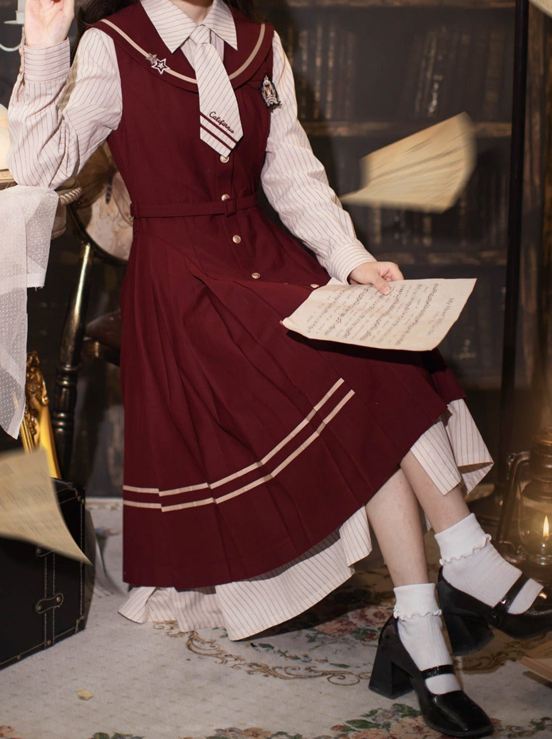 Hemdkleid Farbe + Krawatte Plissee Marine Anzug Gestreift Abzeichen Retro Magic Dress Academy