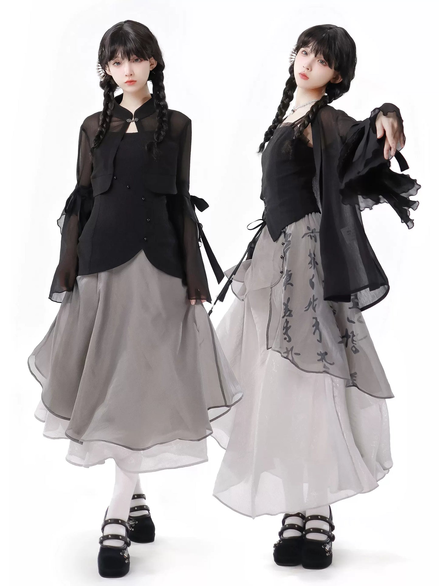 シャツトップドレス カリグラフィー シフォンサスペンダー シフォンスカート