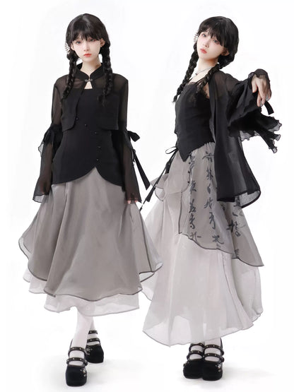 シャツトップドレス カリグラフィー シフォンサスペンダー シフォンスカート