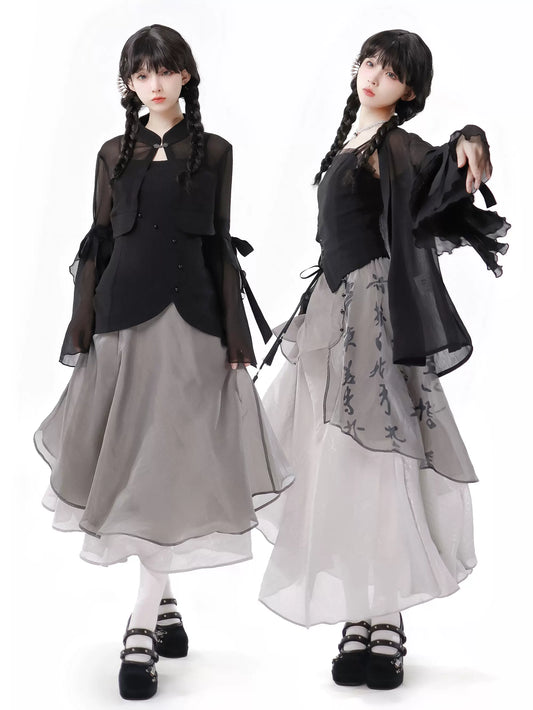 シャツトップドレス カリグラフィー シフォンサスペンダー シフォンスカート