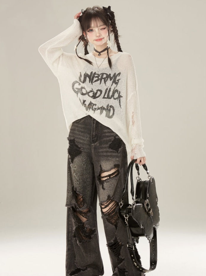 Damaged Knit Logo Round Neck Sheer