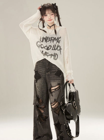 Damaged Knit Logo Round Neck Sheer