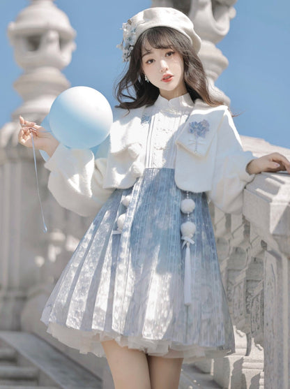 ドレス ショート ブルー チャイニーズファーコート アイス