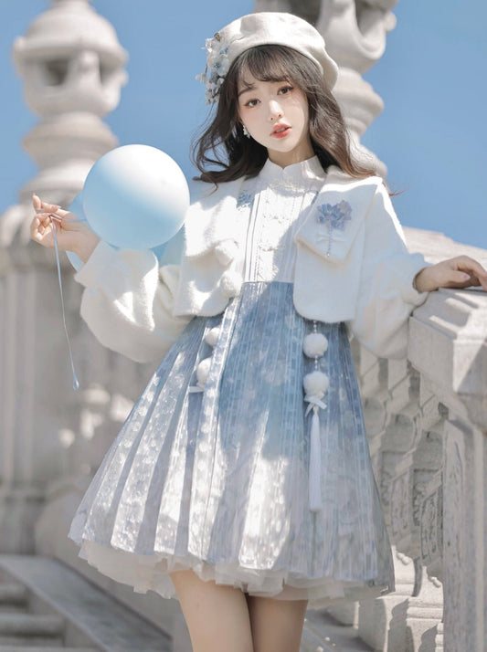 ドレス ショート ブルー チャイニーズファーコート アイス