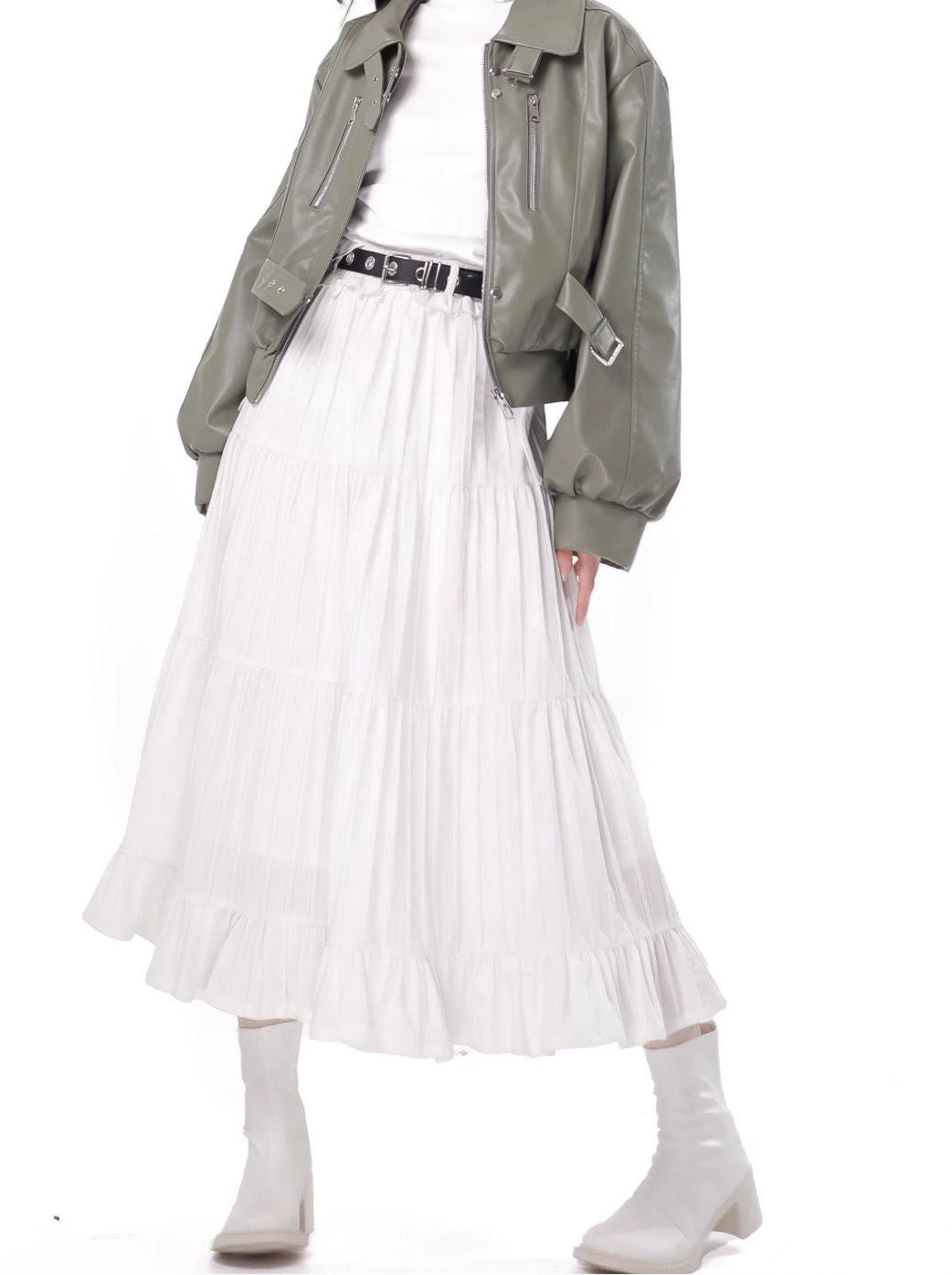 Fresh Green Silver Fox Bell Bet Leather Jacket Tops Skirt