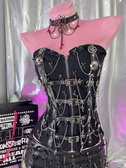 Y2K Punk Gothic Slim Fit Leather Buckle Skull Cross Chain Tube Top