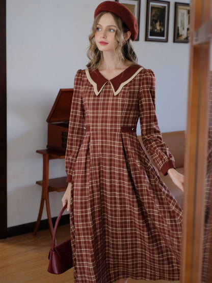 チェックドレス ラテ バタフライ レトロ ブラック ティーカラー フレンチ