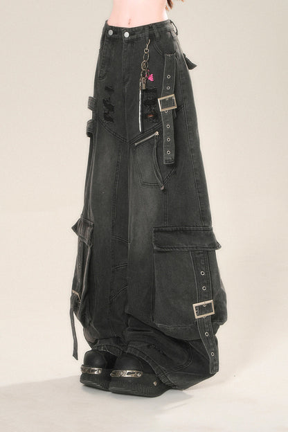 ストリートハイワイドリップデニムパンツ