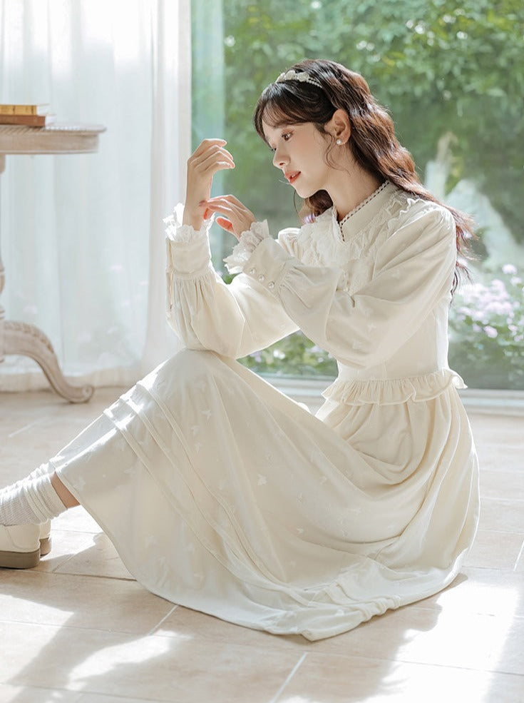 Rüschen-Gartenkleid-Cardigan, ausgestellt, Milchweiß + lang