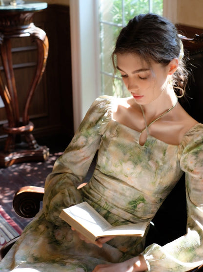 Elegant Neck Green Square Retro Dress