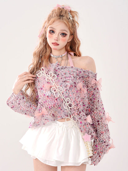 Durchbrochenes kurzes Band, rosa Blumenstrick