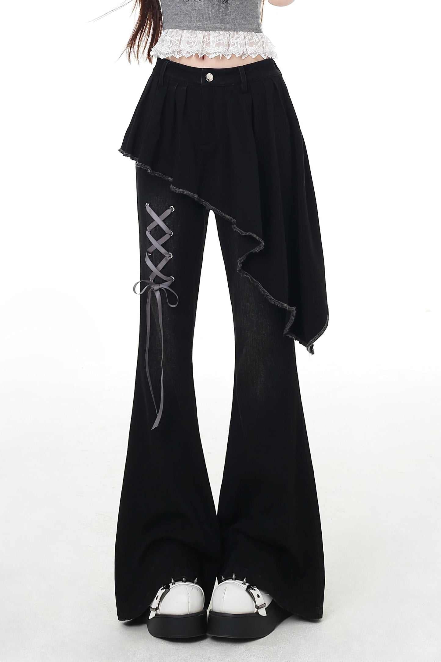 パンツ スリム レースアップ フレア ロング